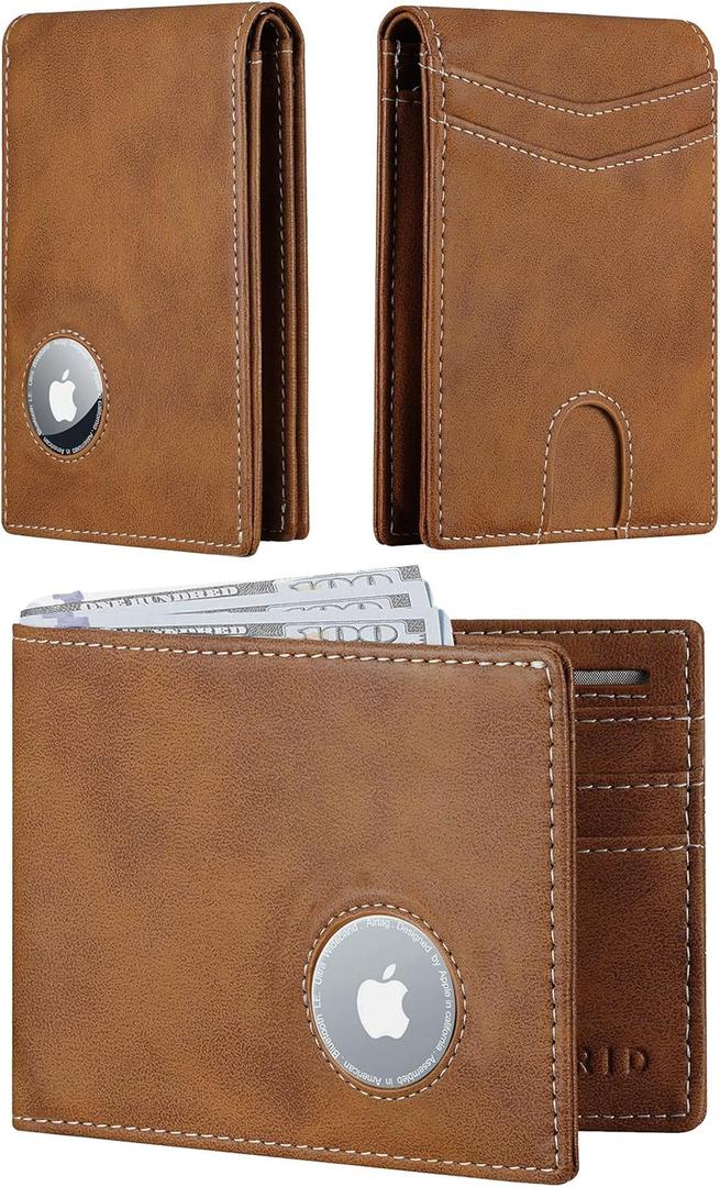 furid Apple Airtag Wallet Men Slim: Air Tag Wallet with Airtag Holder, RFID Blocking, Bifold, Front Pocket, Minimalist Card Wallet, Carbon Fiber Wallet (Brown Leather)