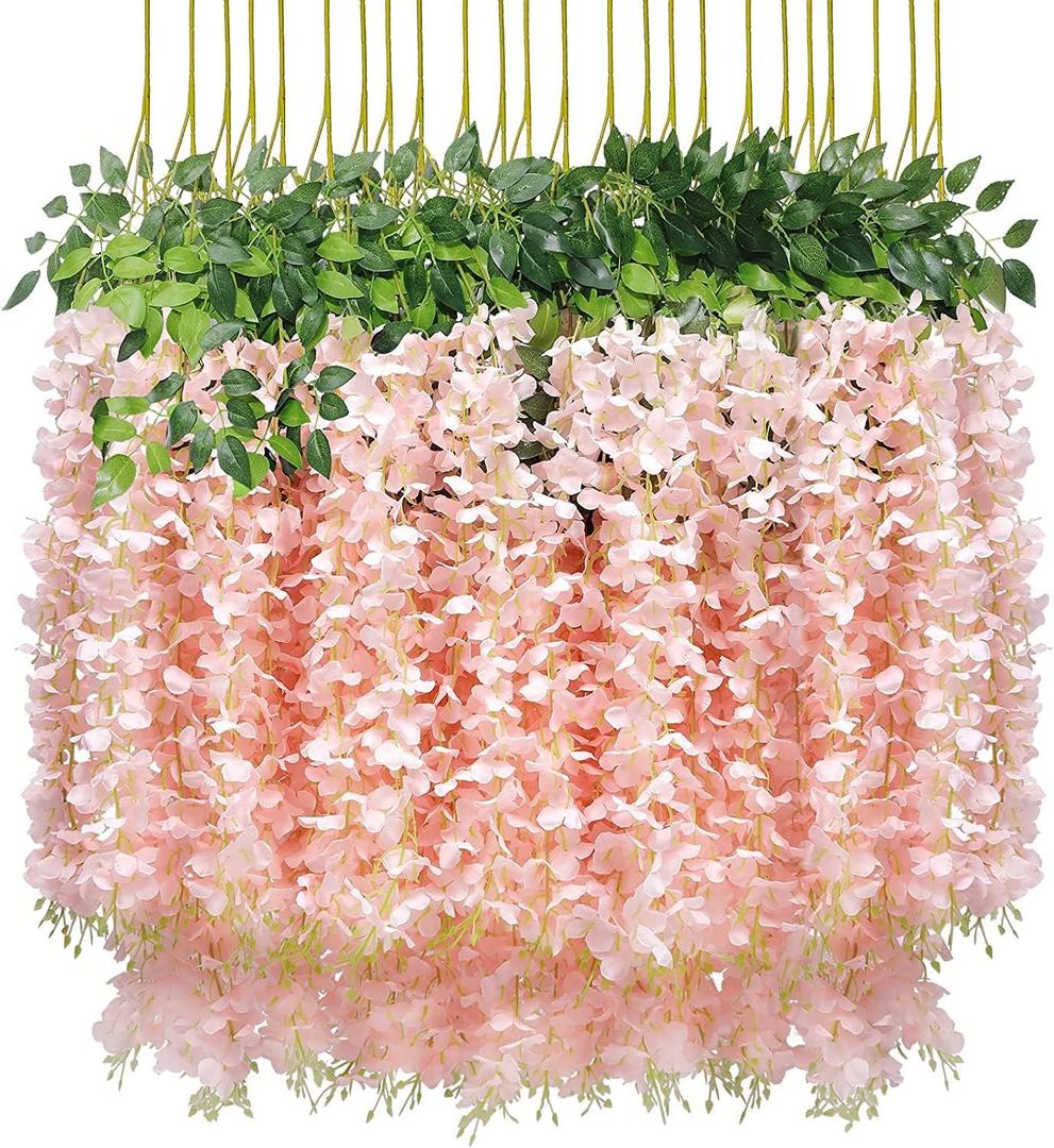 U'Artlines 24 Pack(Total 43.2 Feet) Artificial Fake Wisteria Vine Rattan Hanging Garland Silk Flowers String Home Party Wedding Decor (24, Light Pink)
