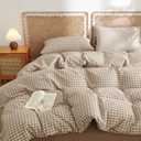 Nayoroom Gingham Duvet Cover Queen Size 100% Washed Cotton Brown Tan Plaid Checkered Comforter Cover 3 Pcs Soft Breathable Grid Farmhouse Dorm Bedding Set for All Seasons