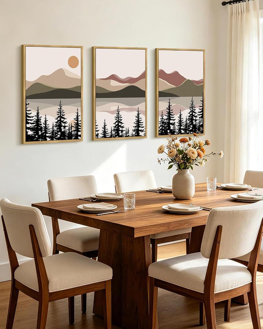 KUVIOKE Watercolor Mountain Landscape Framed Wall Art Laker Tree Boho Nature Artwork Painting Bohemain Farmhouse Rustic Home Decor 16x24in (Natural Framed), 16 x 24in x 3 Panels Natural