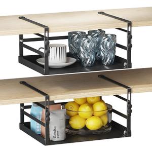 HENGI 2 Pack Adjustable Under Shelf Storage, Heavy Duty Metal Basket Organizer for Kitchen Cupboard Cabinet Pantry Laundry Desk Bookshelf, Black