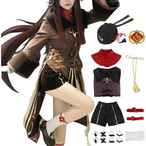 TMSREBU Hu Tao Cosplay Costume Halloween Outfit with Hat for Women (X-Small, Brown)
