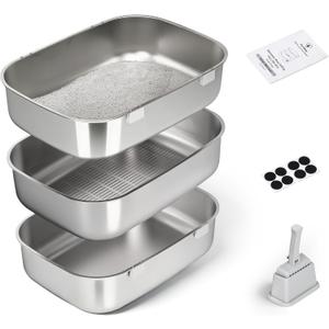 Triple Pan Stainless Steel Sifting Cat Litter Box, Large High Sided Metal Litter Box for Big Cats up to 20lbs, Odor-Free Non-Stick Easy Clean System, No Scooping Sifter Tray for Multi-Cat Homes