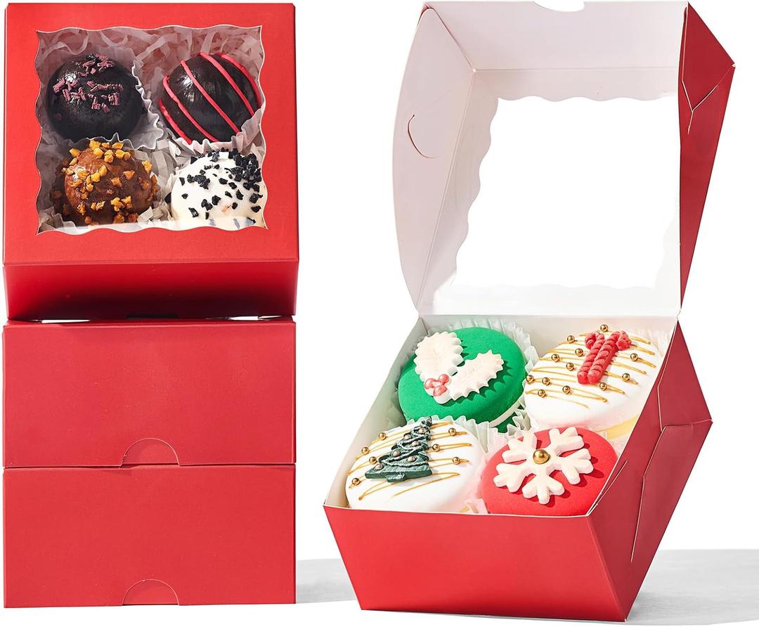 50-Count 4x4x2 Food-Safe Classic Red Bakery Boxes - Multi-Use Pastry & Treat Packaging for Cookies, Truffles & Wedding Favors (Stackable Gift Boxes for Cakes, Pies & Cinnamon Rolls)