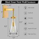 Raindrop Brass Crystal Wall Sconce: Set of 2 Clear Solid Indoor Sconces with Bulbs - Luxury Modern Gold Light Fixtures - Dimmable Vanity Lamp for Bedroom Living Room Bathroom Hallway Bedside Lighting, 2 Pack
