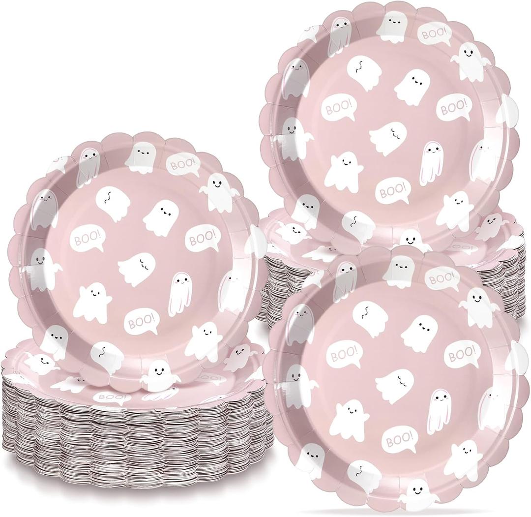 Havawish 100 Pcs Christmas Paper Plates Pink Ghost Boo Disposable Plates 9 Inch Cute Cartoon Ghost Tableware decorations for Christmas Happy Boo's Day Birthday Baby Shower Party Supplies