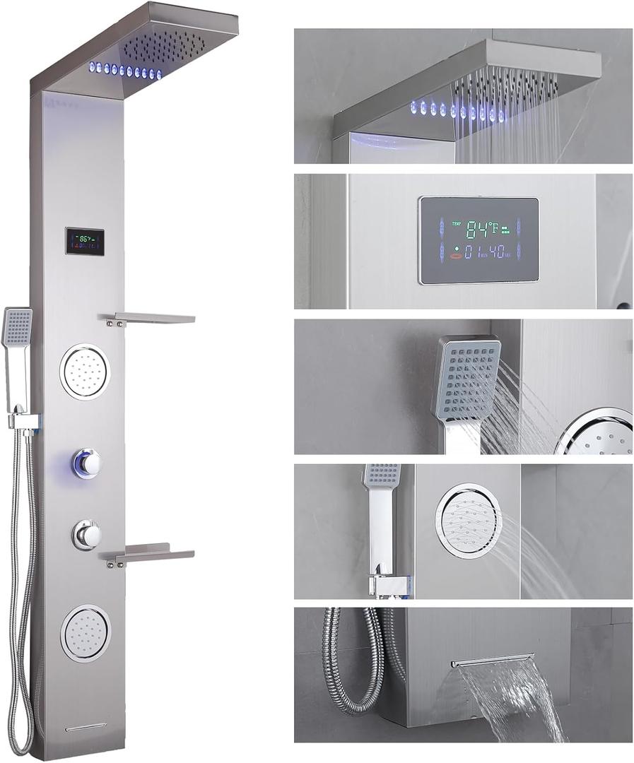 LED Shower Panels Tower System, LCD Temperature Display with Shelf, 304 Stainless Steel System with Rainfall Shower Head with Handheld Massage Body Jets Waterfall Bathtub, Brushed Nickel