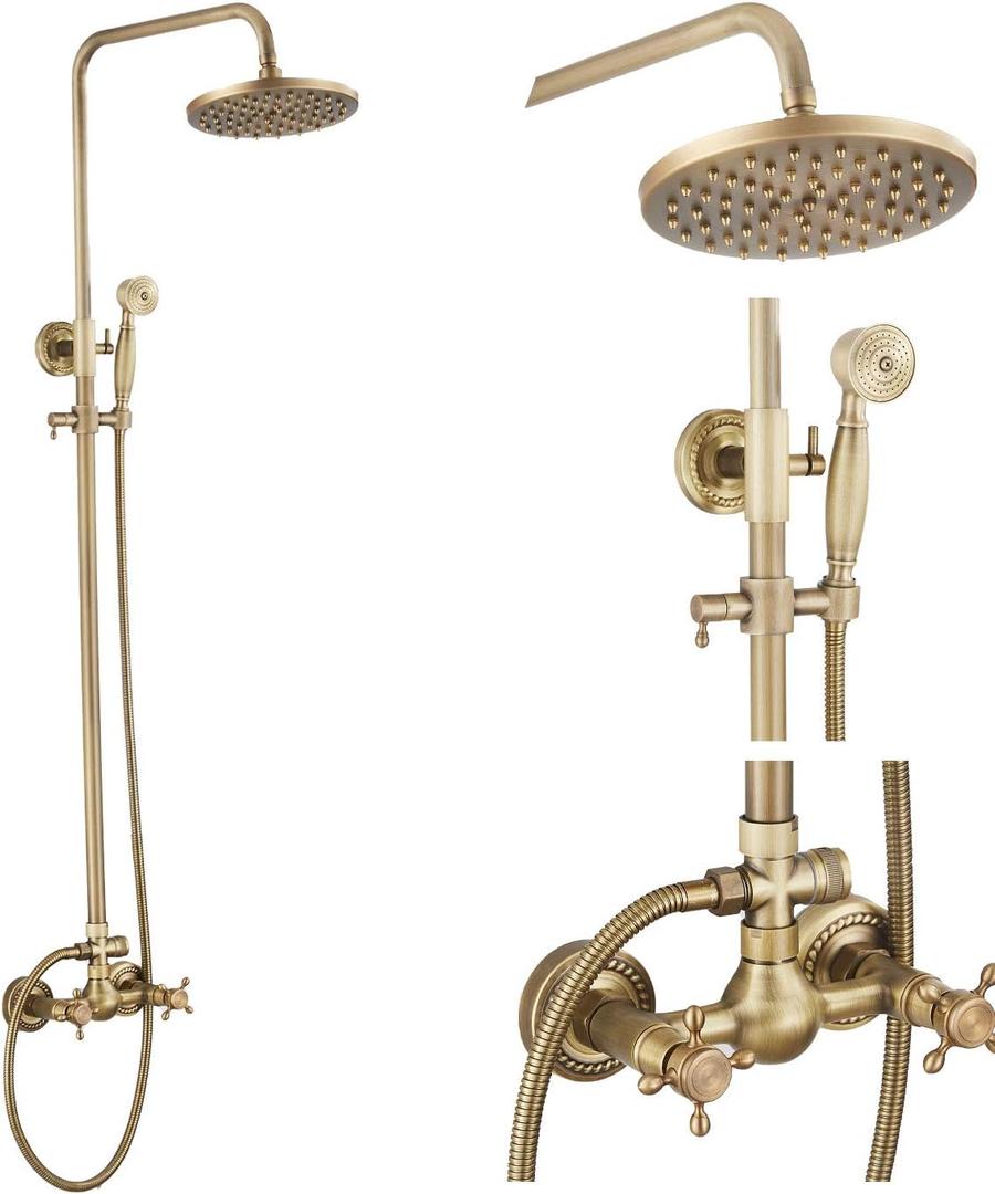 GGStudy Antique Brass Rain Shower System Set 2 Knobs Mixing 8 Inch Round Rainfall Shower Head with Handheld Spray Bathroom Shower Faucet