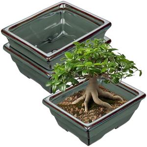 Ceramic Bonsai Pots with Drainage Hole Set of 2, Green Glazed Bonsai Planters for Indoor/Outdoor Use, Rectangular Shallow Bonzai Tree Pot for Succulent, Orchids, Cacti, Home, Patio, Garden, 6.3"x4.9"