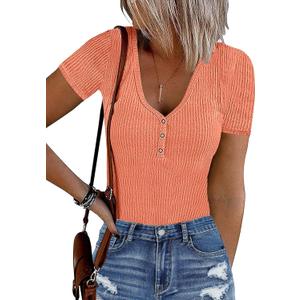 MEROKEETY Women's Short Sleeve V Neck Ribbed Bodysuits Button Down Slim Fit Basic Knit Body Suits, M