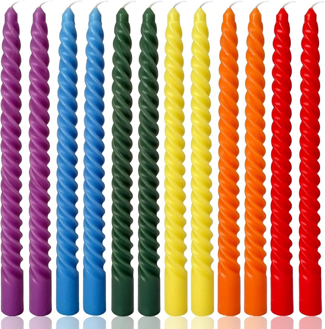 10 Inch Rainbow Spiral Taper Candles for Home Decoration, 12 Pack 6-Color Candlesticks for Dinner Party Wedding Holiday