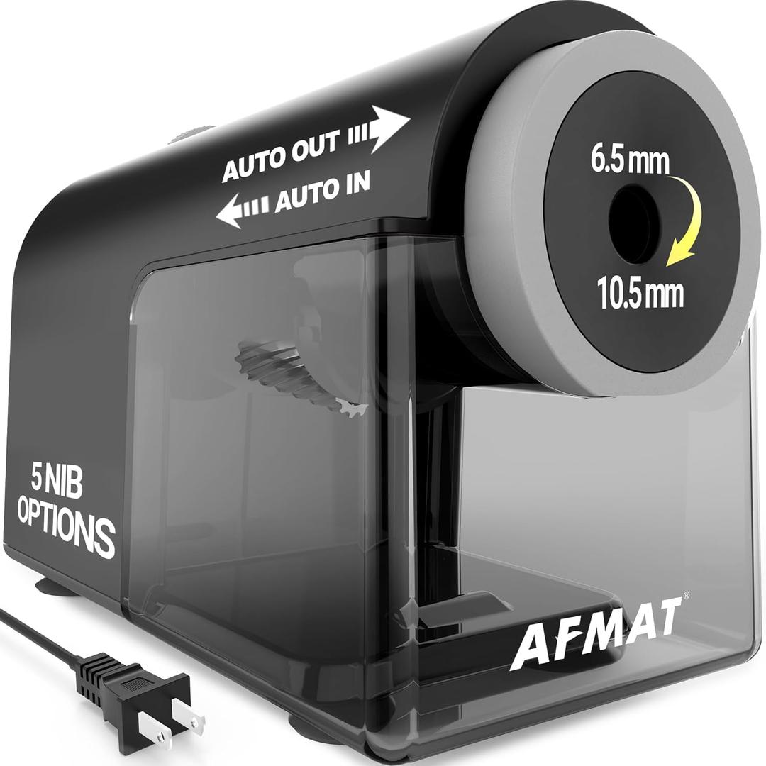 AFMAT Electric Pencil Sharpener, Fully Automatic Pencil Sharpener for 6.5-10.5mm No.2/Jumbo/Colored Pencils, Auto in & Out, 5 Sharpness Modes, 10000+ Sharpenings for Classroom Home Office, PSC5(120V) (Black)