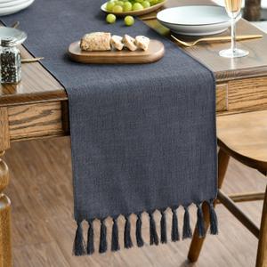Artoid Mode Graphite Grey Tassel Table Runner, Linen Blend Rustic Farmhouse Style Kitchen Table Decoration Holiday Wedding Party Dinning Decor 13x90 Inch