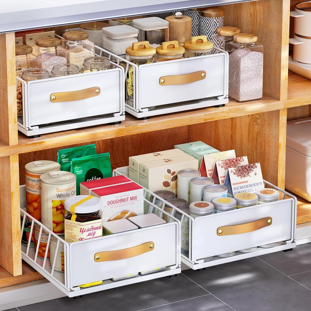Pull out Cabinet Organizer Fixed with Adhesive Nano Film,Heavy Duty Slide out Pantry Shelves Drawer Storage,Sliding Mesh Cabinet Basket with Handle for Kitchen, Bathroom,Home, 11.8W"X 15.7D"X6.2"H