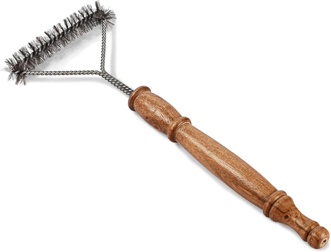 Stainless Steel Three Sided Grill Brush BBQ Grill Cleaner for Outdoor Grills, 17 Extended Wooden Handle, No-Scratch, Heavy-Duty Barbecue Cleaning Tool
