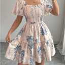 SOLY HUX Women's Floral Mini Dress Short Sleeve Square Neck Vacation A Line Flowy Dresses (M)