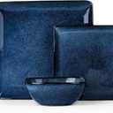 E-far Square Plates and Bowls Sets, 12-Piece Stoneware Dinnerware Sets for 4, Reactive Glaze Dish Set, Chip and Scratch Resistant, Microwave and Dishwasher Safe, Deep Sea Blue