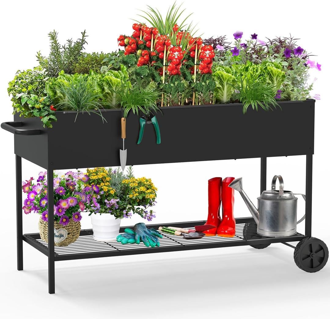 51  26  32 Inches Raised Garden Bed with Legs/Storage Shelf, Mobile Planter Box for Outdoor Plants, Elevated Garden Bed for Backyard, Balcony, Black (51  26  31.5 In)