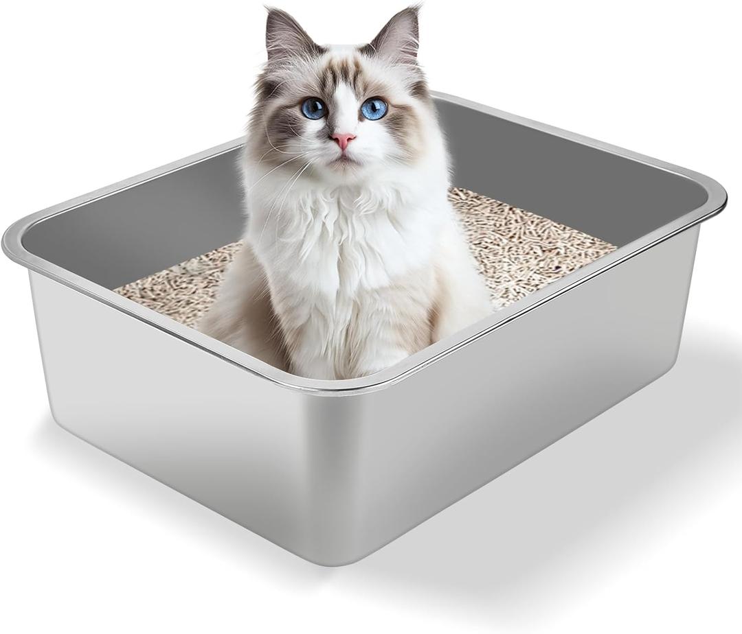 Stainless Steel Cat Litter Box - Metal High Sided Cat Pan, Large Stainless Steel Box, Indoor Litter Tray, Non Stick, No Smell, Easy-Clean Design for Hygienic Pet Care Large Size for All Cats (Silvery)