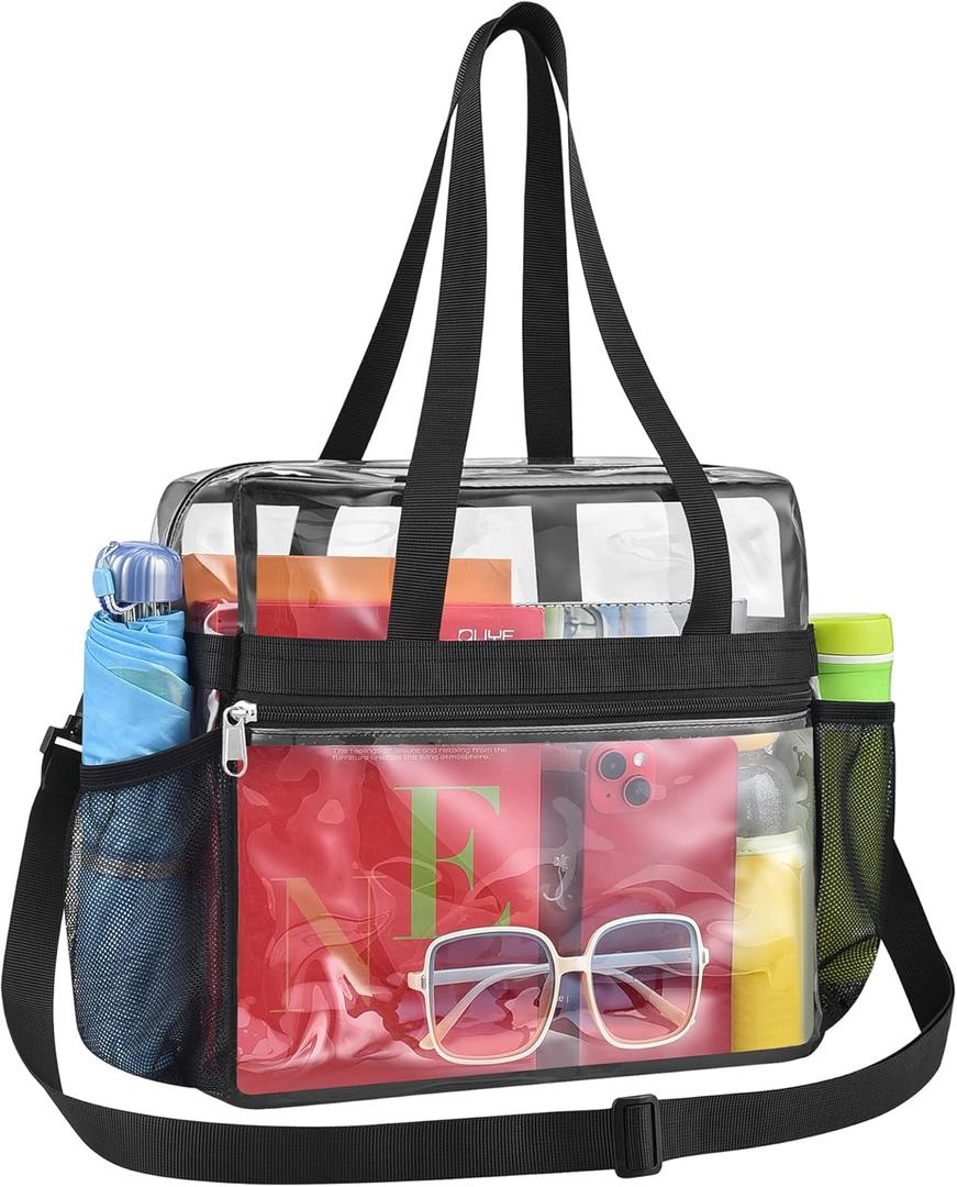 Paxiland Clear Bag for Stadium Events 12x6x12 inches, Clear Tote Bag with Reinforced Strap, Clear HandBag for Sports Concert (Black)