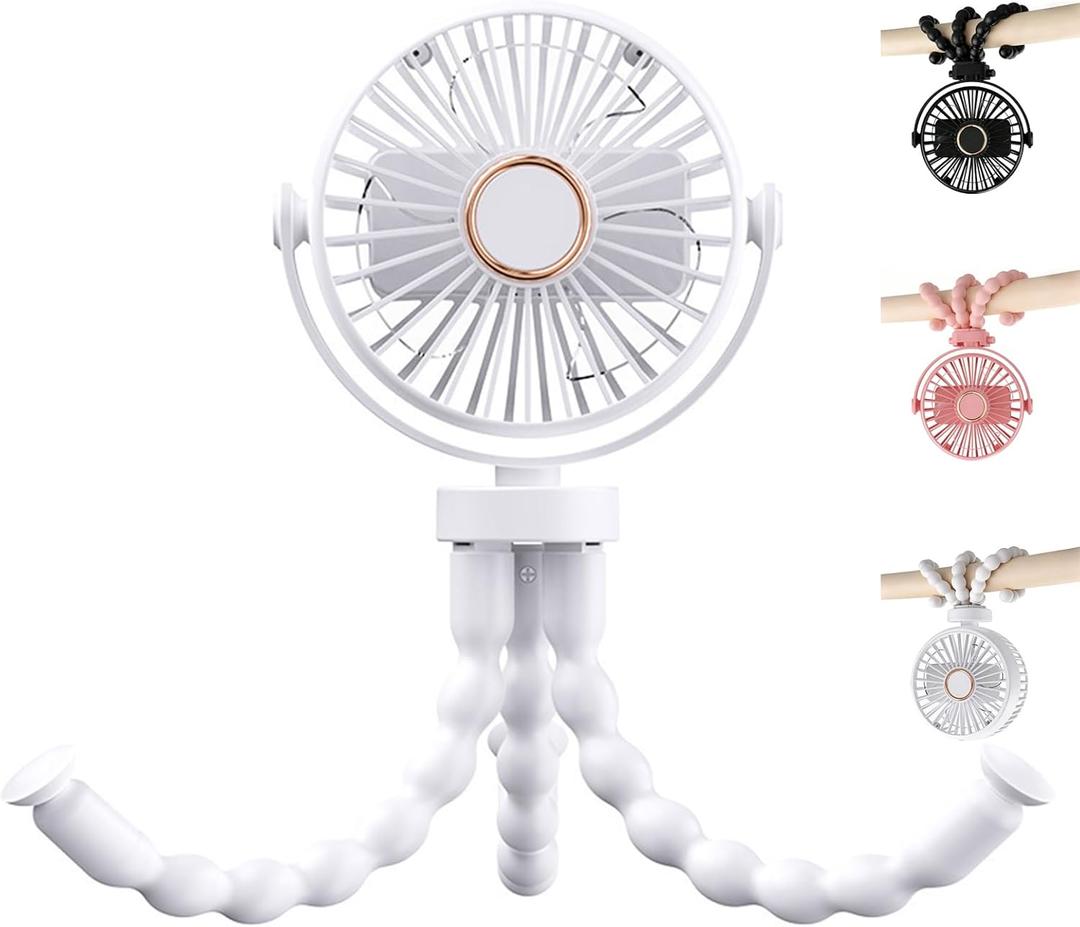USB Rechargeable Octopus Mini Fan, Flexible Tripod, Quiet & Strong Wind, Portable Stroller Fan for Baby, Outdoor, Desktop & Handheld Use (White, Large)