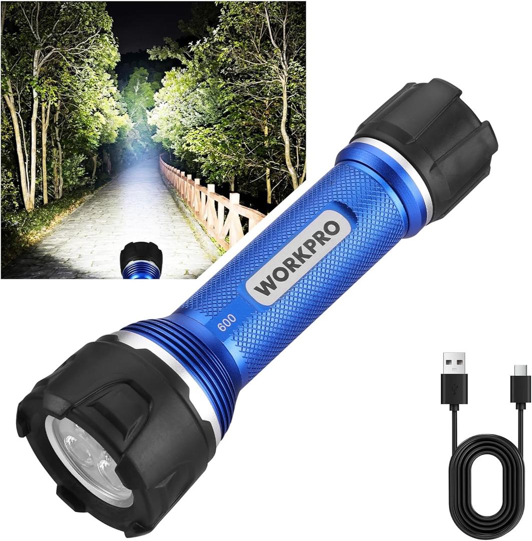 WORKPRO Rechargeable Flashlight High Lumens, Aluminum IPX7 Waterproof Compact Flash Light, Super Bright 3 Mode LED Handheld Flashlight for Home, Camping, Hiking, Emergency
