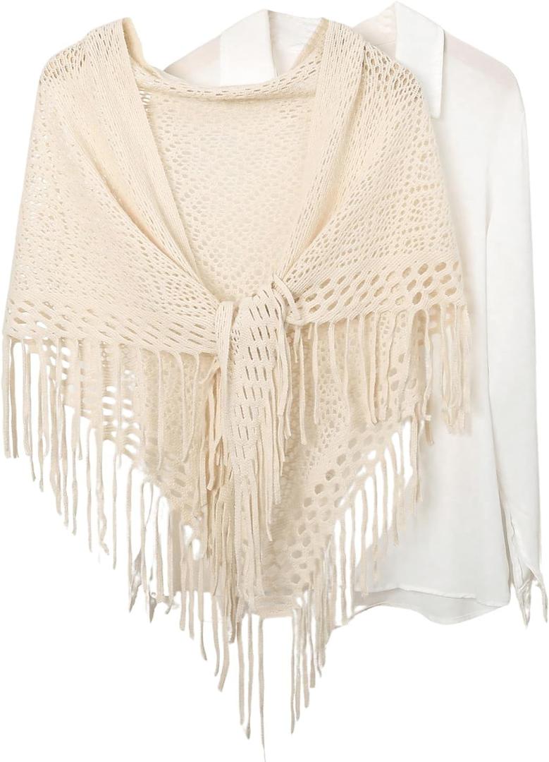 Verdusa Women's Boho Fringe Crochet Shawl Hollow Out Knitted Wrap Cape Cardigan