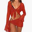 Women's 2 Pieces Outfits Mesh Perspective Suit Swimming Beach Long Sleeve Crop Top and Mini Skirt Set small