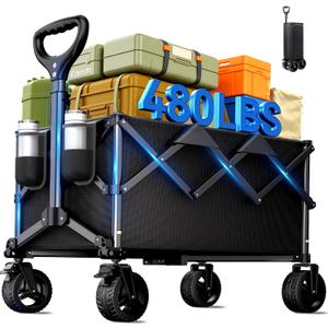 Collapsible Wagon Cart with Universal Wheels, 480LBS Wagons Carts Heavy Duty Collapsible Wagon with Cup Holders, Utility Beach Carts for Camping, Garden, Shopping, Fishing, Sports (Black)