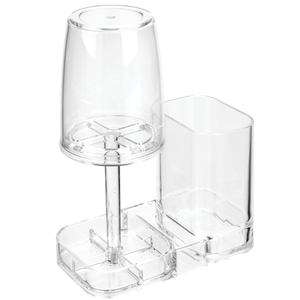 mDesign Modern Plastic Bathroom Vanity Countertop Toothpaste & Toothbrush Holder Stand with Rinsing Cup/Cover  Dental Center Holds Electric Toothbrushes  Clear