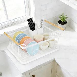 Dish Racks for Kitchen Counter, Thickened Metal Dish Drying Rack with Wooden Handles, Kitchen Countertop Organizer for Dishes, Spoons and Forks, No Assembly, White, 18.7''*12.6''*5.51'', Small