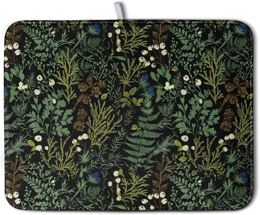 Black Sage Green Plant Dish Drying Mat for Kitchen Counter Vintage Botanic Fern Leaves Floral Dish Drainer Mats Absorbent Microfiber Dishes Pad Reusable Washable Large Dish Draining Mat 18x24 Inch