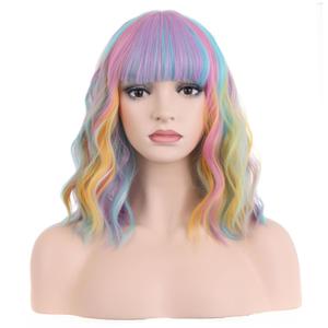 Multicolor Wig for Women Rainbow Wig with Bangs Wavy Colorful Wigs Shoulder Length Heat Resistant Synthetic Wigs