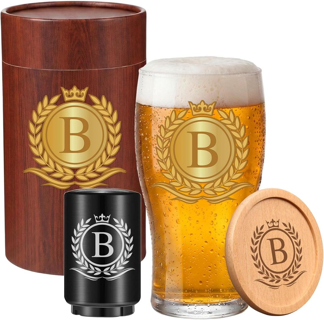 Personalized Beer Glasses Gifts for Men, Monogrammed Engraved A-Z 16 oz Beer Glass Customized Gift, Unique Father's Day Birthday for Men Him Dad Husband Brother Son with Wood Coaster & Bottle Opener