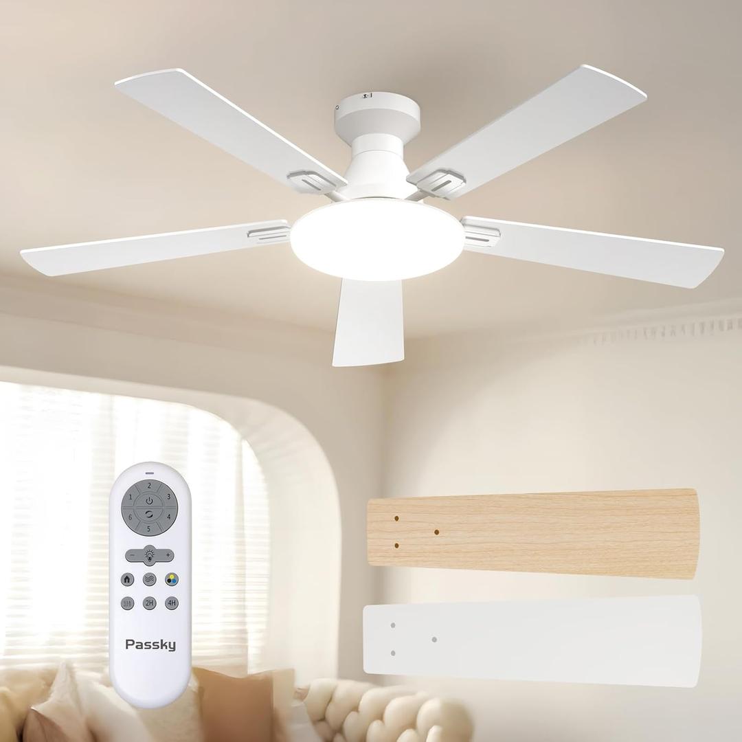 Passky Ceiling Fans with Lights, 52 inch Flush Mount Ceiling fan with Remote Control, Low Profile Ceiling Fan for Bedroom, Farmhouse, Reversible, 3CCT, Dimmable, Noiseless DC Motor, White