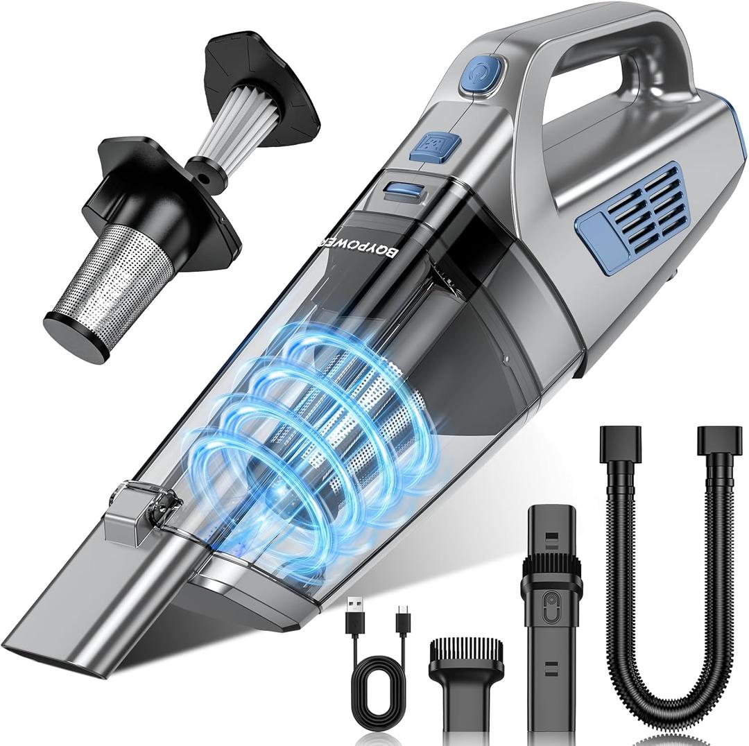 BQYPOWER Handheld Vacuum Cordless, 16000PA Strong Suction Hand Held Vacuum Dust Busters Cordless Rechargeable with Multiple Accessories, Portable Car Vacuum Cleaner High Power for Car Home Office (Silver Blue)