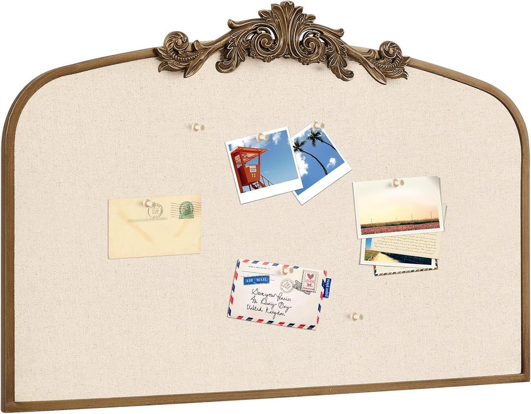 Vintage Framed Pin Board Linen Display Bulletin Board Large Ornate Fabric Picture Photo Pinboard Memo Decorative Prayer Pinboard Ornate for Wall Gift(Arch,23.6" X 35",Antique Golden)