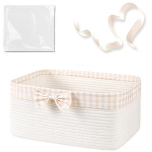OIASKET Basket for Gifts Empty, Large Gift Basket 13L with Gift Bag and Ribbon, Woven Cotton Basket for Baby Showers, Birthday, Wedding, Mother's Day, 13.58"x10"x5.9", White and Cream