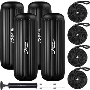 Boat Fenders 4 Pack 10 x 28 Inches Ribbed Center Hole Boat Fenders Bumpers for Docking, Comes with Ropes and Pump to Inflate