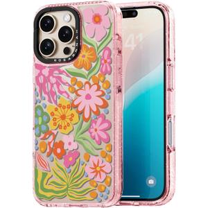Rosarnnah for iPhone 16 Pro Max Case Cute - Durable Shockproof 6.6 ft Drop Impact Phone Case - Funny Passion Flower Design (6.9") Glitter Pink