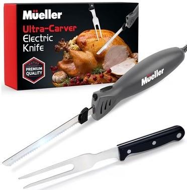 Mueller Ultra-Carver Electric Knife for Carving Meats, Poultry, Bread, Crafting Foam. Stainless Steel Blades, Powerful Motor, Ergonomic Handle, One-Touch On/Off Button, Serving Fork Included, Gray