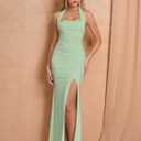 Women Bodycon Maxi Dress High Slit Halter Tie Ruched Long Formal Cocktail Wedding Guest Dresses (Green, S)