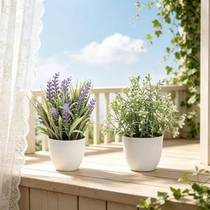 2 Pack Small Fake Plants, Artificial Lavender Plants for Spring and Summer Decor, Faux Plants Indoor for Bathroom, Office, Table, Shelf and Home Decor