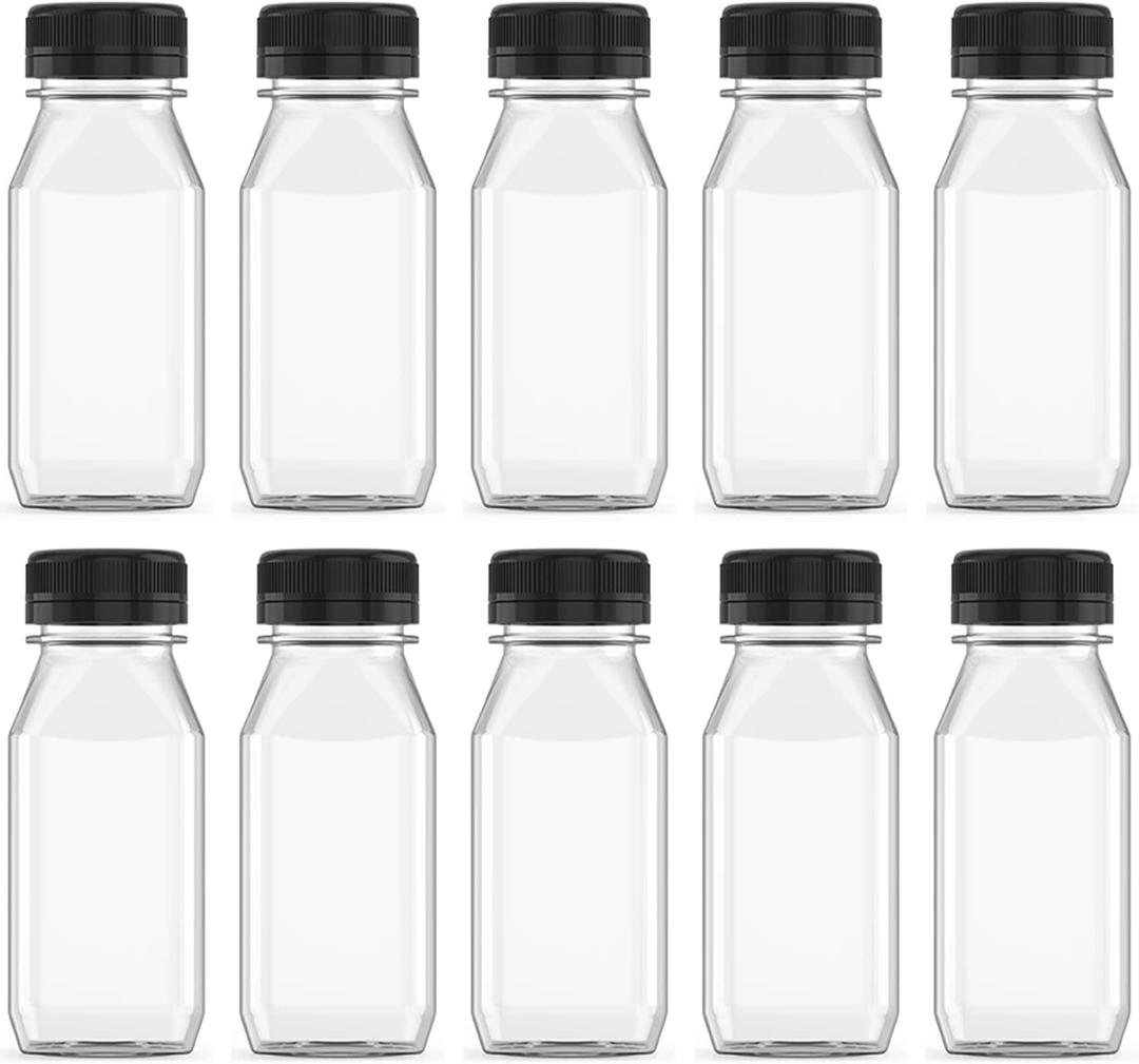 Hulless 10 Pcs 6 Ounce Plastic Juice Bottle Drink Containers Juicing Bottles with Black Lids, Suitable for Juice, Smoothies, Milk and Homemade Beverages