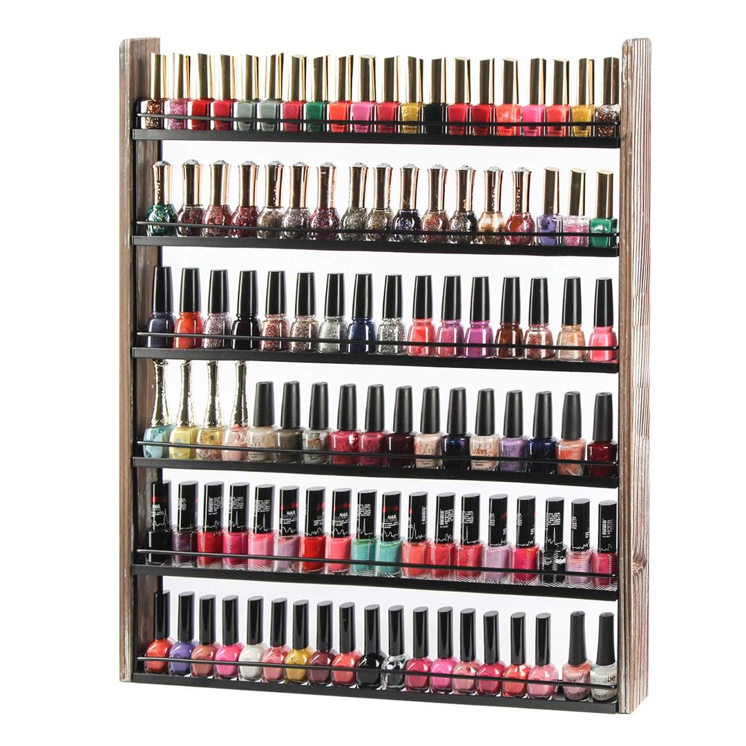 J JACKCUBE DESIGN Rustic Wood Nail Polish Organizer with 6 Tier shelves 100 bottles Wall Mount Display Rack Makeup Bottles Holder Storage for Nail Salon Bedroom Dress room - MK528A