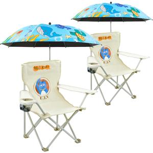 2 Pack Kids Camping Chair - Kids Beach Chair with Umbrella - Foldable Storage Cup Holder Durable, wear-Resistant, Non-Slip, Lightweight Design for Beach, Patio, Outdoors, Lawn (Blue+Blue)