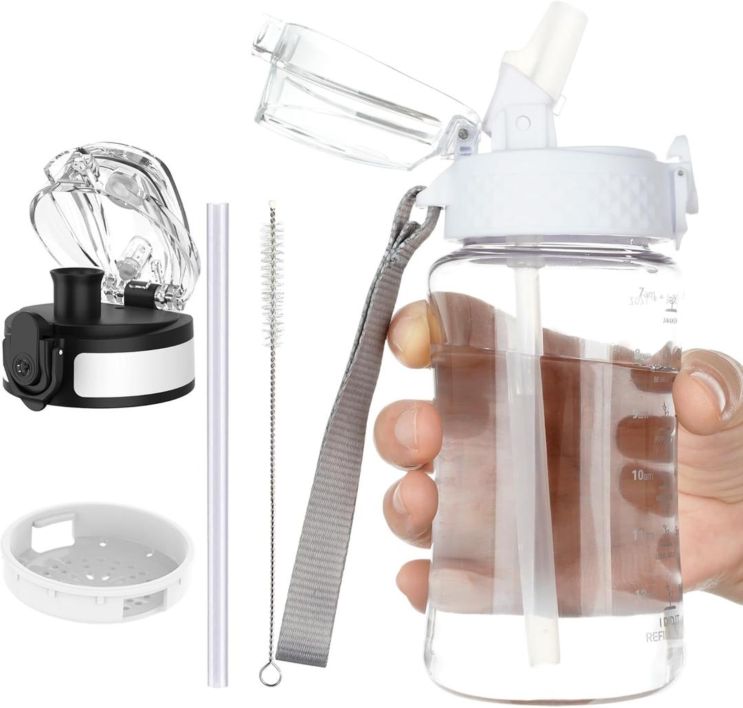 OLDLEY Kids Water Bottle for School, 12 oz (2 lids) BPA-Free Reusable Leak-Proof Durable Tritan Plastic Water Bottles with Straw & Chug Lids, Anti-dust Spout Cover (Clear)