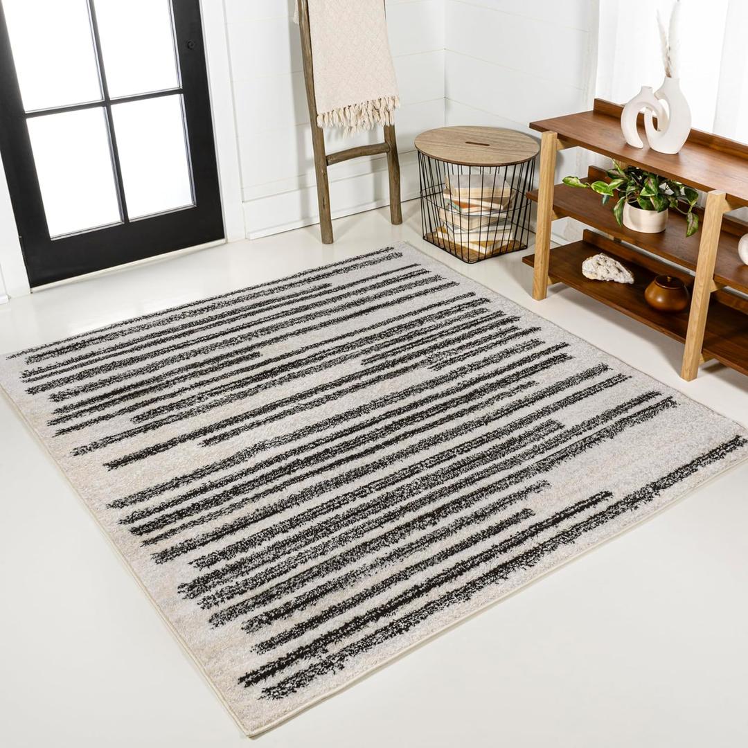 JONATHAN Y Khalil Modern Berber Stripe Cream/Black 5x5 Square Indoor Area Rug, Contemporary, Bohemian, Easy-Cleaning for Living Room, Bedroom, Kitchen, Pet Friendly, Non-Shedding (MOH207A-5SQ)