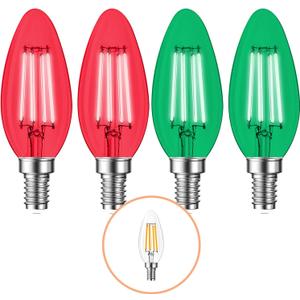 4 Pack Filament E12 Candelabra LED Christmas Light Bulbs - 4W 40 Watt Equivalent E12 Base - Vintage LED Decor Red Light Bulbs Green Bulbs Party Christmas Lights