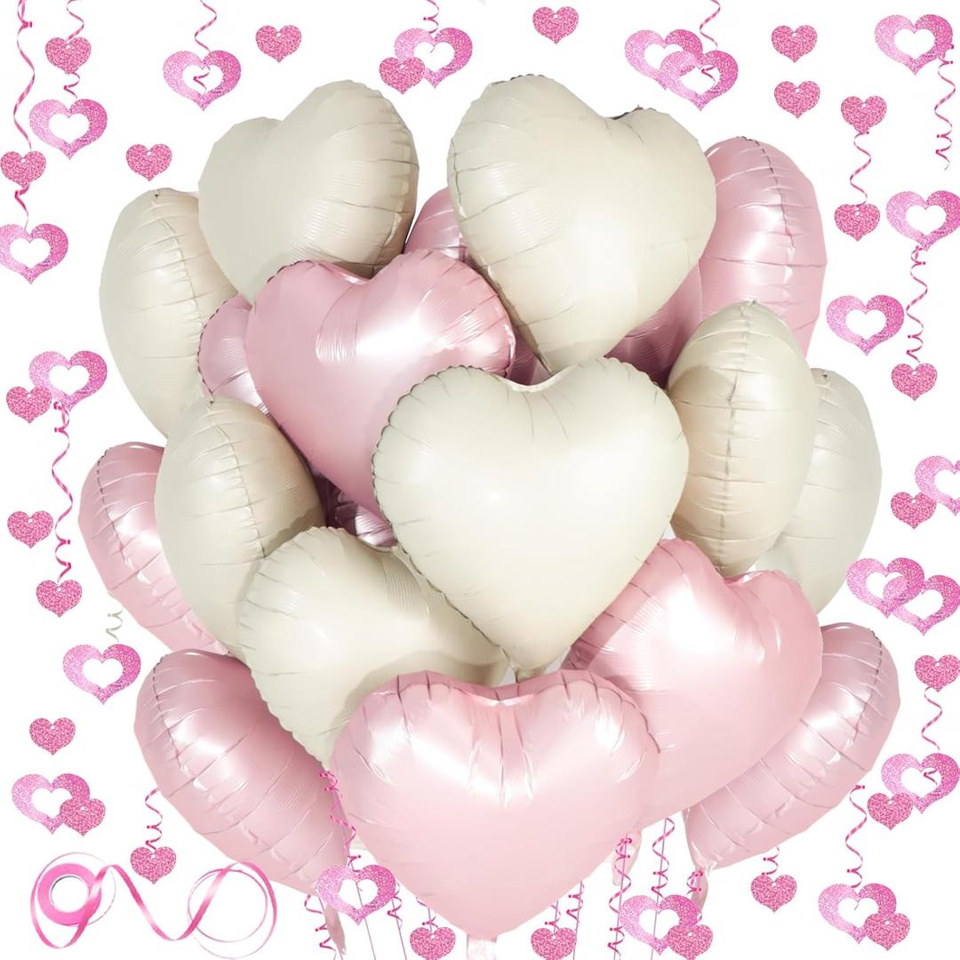 2 x Pink White Heart Balloons, 24Pcs 18Inch Baby Pink Cream White Foil Shaped Love Balloons and 50Pcs Hanging Streamer for Valentine's Day Decorations, Birthday, Wedding Party